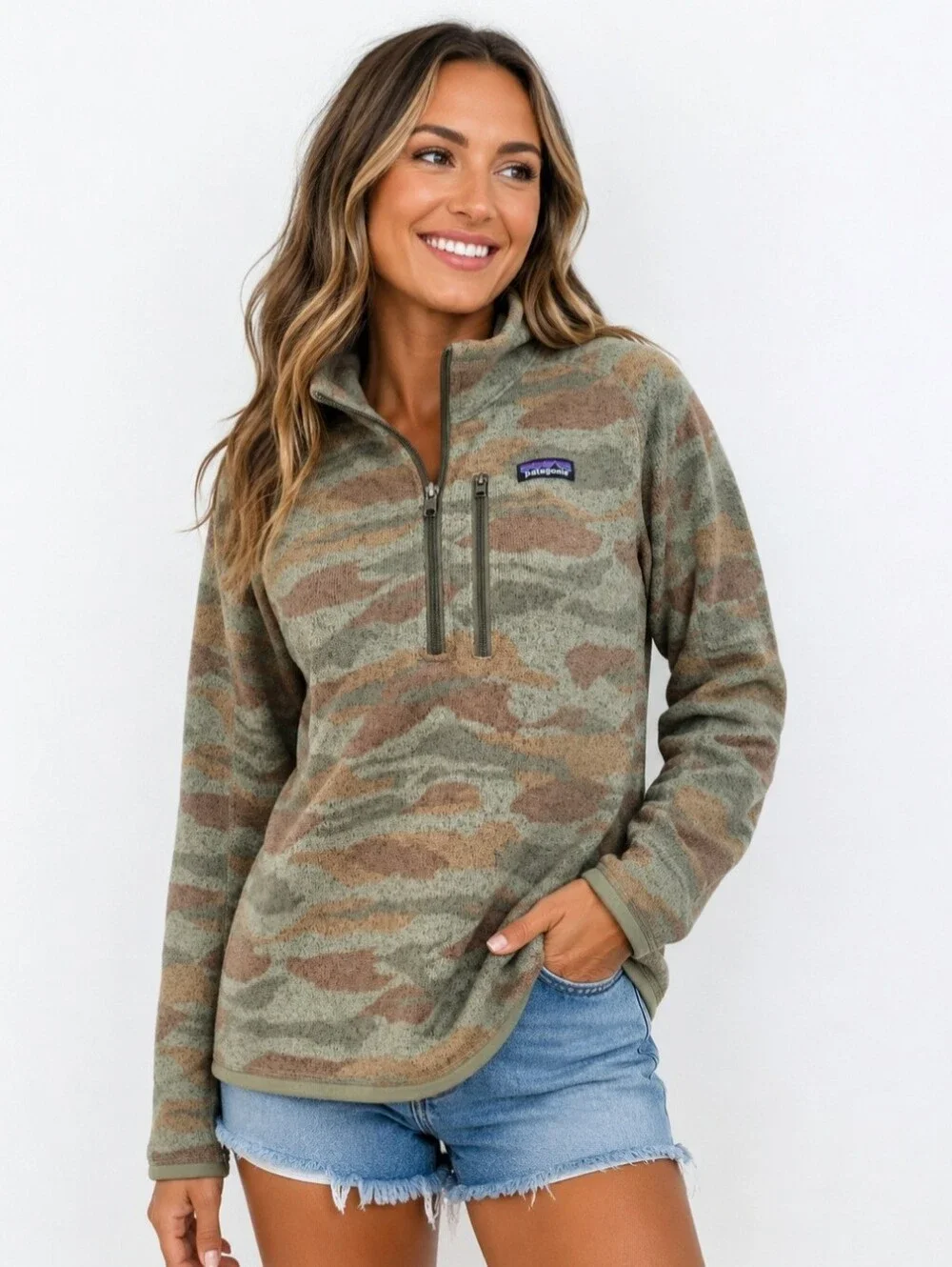 Patagonia Better Sweater 1/4 Zip Fleece Pullover Camo Green Brown Women's Medium